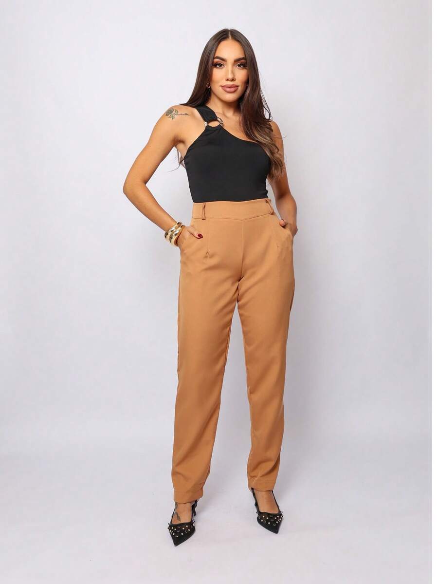 Women's Tailored Trousers, Straight, Side Zipper, High Waist - Màu Khaki - Xem 1