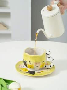 1 Set Creative Cute Cat Tail Handle Handpainted Cat Ceramic Coffee Cup & Saucer - Multicolor - View 6