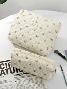 1 Stück weiße gesteppte Reißverschlusstasche mit kariertem Blumenmuster Make-up Tasche, modisch und lässig große Kapazität tragbare Reißverschluss Make-up Taschen, Reise- und Urlaubsutensilien Kosmetiktaschen für Binden, Slipeinlagen, Kabel-Kopfhörer, Ohrhörer, Kopfhörer, Ladegerät, Lippenstifte, Kosmetika, Parfüm, Pflegeprodukte, Heimdekoration, für Mütter, Frauen, Krankenschwestern, Studentinnen, Schulkinder, Schlüssel, Urlaubsgeschenke