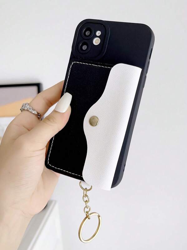 1 Peça Porta-Cartões de Moda Circular + Capa de Telefone Protetora Perfurada Minimalista Premium Preta Íris Anti-Queda Compatível com Apple//OPPO/Vivo/Redmi/ Séries