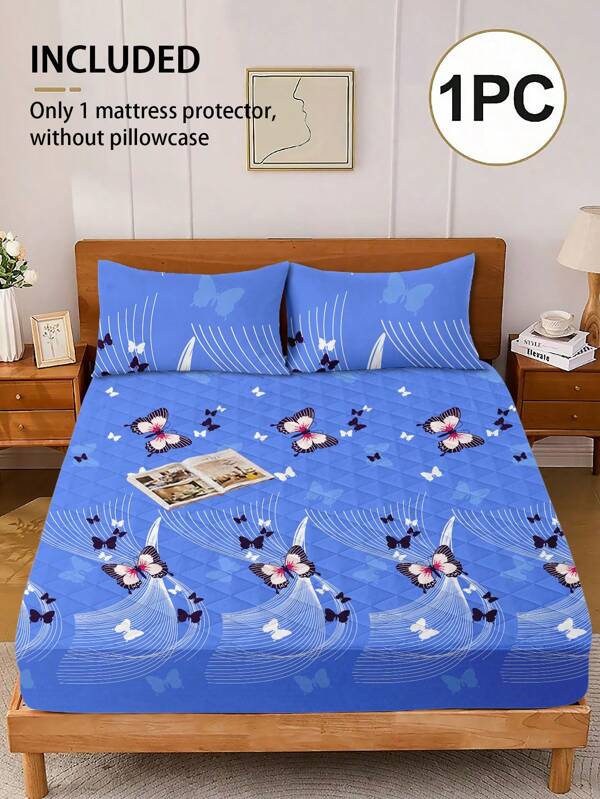 1 pieza Protector de colchón impermeable con patrón de mariposa azul retro sin funda de almohada y relleno, protector de colchones, sábana cómoda y transpirable, textiles acogedores para el hogar, 100% poliéster Diseño impreso digital