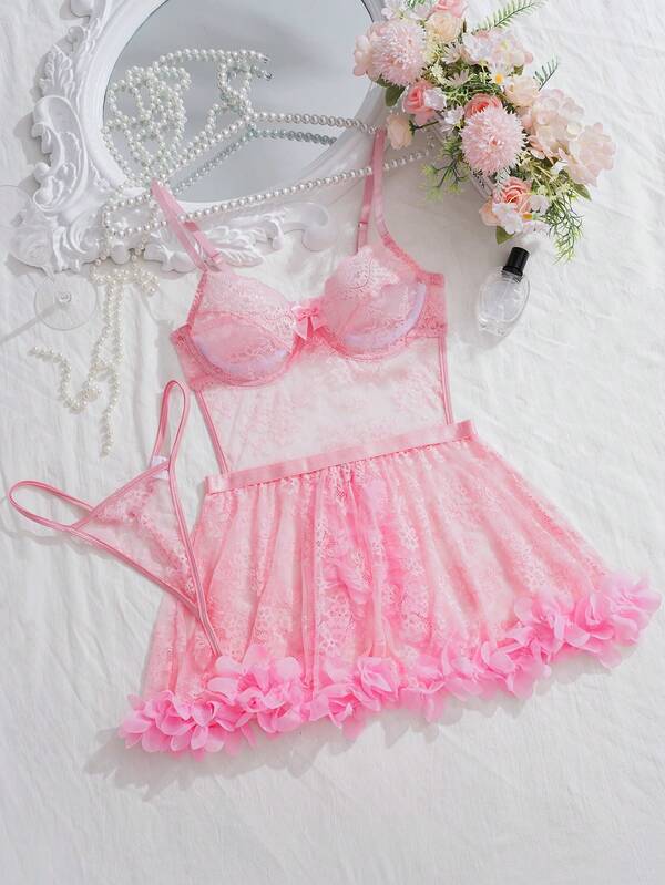 Romantic Lace Spaghetti Strap Dress With Oversized Bow Front And Sheer Backless Design, Flared Hem Dress + G-String