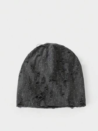 1pc Spring, Summer, Autumn Casual Solid Color Polka Dot Beanie Hat With Rhinestones And Holes, Polyester Fiber, Large Size, Slouchy