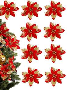 زهور البوينسيتيا المزخرفة بالبريق، زينة شجرة الأعياد، زهور اصطناعية للديكور، لأكاليل عيد الميلاد وحفلات الزفاف والتزيين الزهري، ديكورات عيد الميلاد