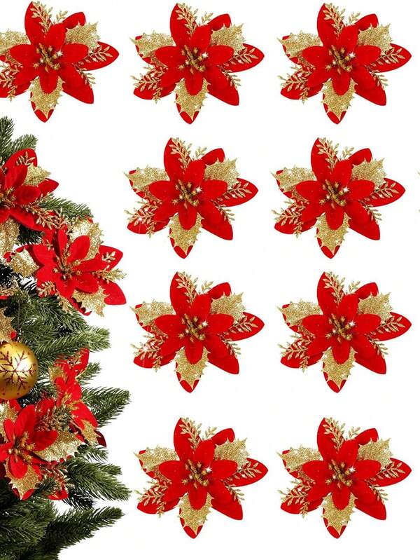 Glitter Poinsettia Flowers Tree Ornaments Artificial Flowers Decorations, For Xmas Holiday Wreath Wedding Party Floral Decorations,Christmas Decorations Home Decor Room Decor