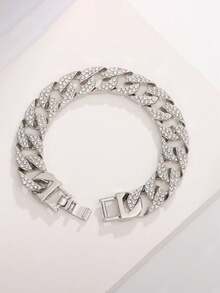 1pc Personalized Thick Chain Bracelet, Fashion Wide Simulated Rhinestone Bracelet, Gift For Boyfriend/Girlfriend, Couples - Multicolor - View 7