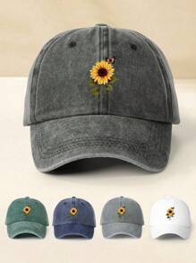 1pc Printed Sunflower & Butterfly Washed Adjustable Baseball Cap, Outdoor Sunscreen Casual Hat For Women, Spring Autumn Travel Beach Vacation, Y2K Style