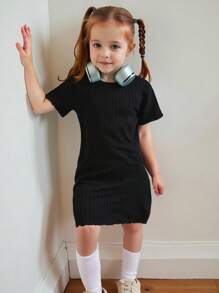 3pcs Young Girl Butterfly Print Solid Color Bodycon Cute Short Sleeve Dress Set