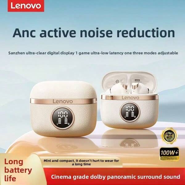 Lenovo Auriculares inalámbricos Lenovo TA240, cancelación activa de ruido ANC, pantalla digital LED profesional, tecnología de audio avanzada, calidad de sonido HiFi, diseño de moda con textura, resistente al agua, Bluetooth 5.4, baja latencia para oficina, entrenamiento, juegos, 24 horas de batería, auriculares intrauriculares