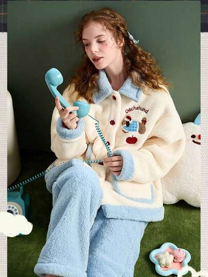 2pcs Women Flannel Lapel Collar Cute Dachshund Dog Letter Embroidery Warm Sleepwear Set, Button Front Long Sleeve Top And Pants, Autumn/Winter Thicken Fleece Fluffy Pajamas, Fall Clothes