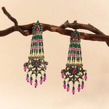 FANYINAN 1 对复古东南亚风格锌合金粘性水钻绿色串珠小吊坠米珠流苏女士耳环适合日常派对音乐节节日佩戴