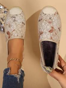 Women's Beige Printed Flat Shoes, Elegant Fashion Ballet Flats, Comfortable Dress Flat Shoes, Soft Lightweight Versatile Espadrille Platform Loafers - Beige - View 3