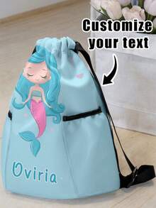 1pc Customized Cartoon Mermaid Pattern Drawstring Backpack With Pockets, Can Be Customized With Your Unique Design, Great Back To School Gift, Suitable For Children And Teenagers, Can Print Your Own Name Or Gift To Your Sister And Classmates - Multicolor - View 2