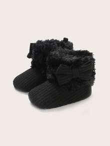 Zapatos de invierno de felpa cálidos para recién nacidos y bebés de 0 a 1 año, con decoración de lazo, suela suave y cómoda para los primeros pasos