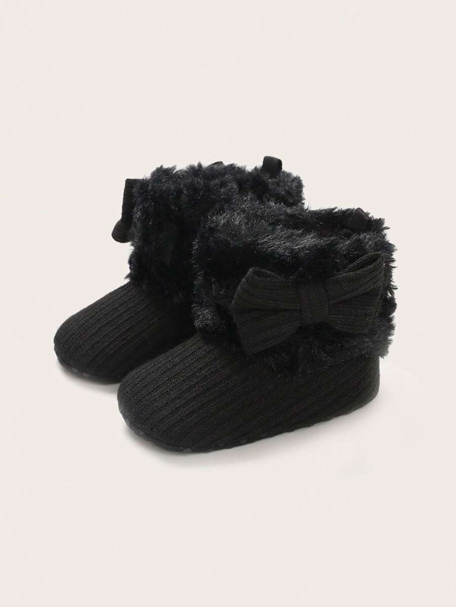 Zapatos de invierno de felpa cálidos para recién nacidos y bebés de 0 a 1 año, con decoración de lazo, suela suave y cómoda para los primeros pasos