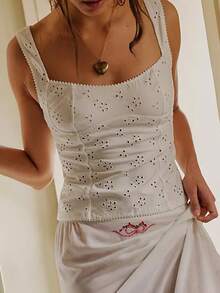 Women Summer Crop Tank Tops Y2k Eyelet Floral Square Neck Backless Vest Top Slim Fitted T Shirt Going Out Tops Tight Lace Up Camisole Beach Vacation Tops Streetwear Aesthetic Clothes - trắng - Xem 5