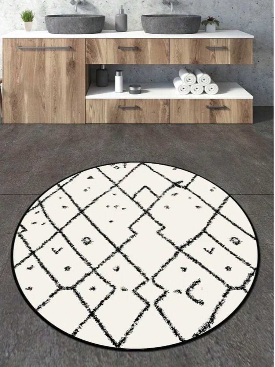 Made In Turkey - CHILAI HOME 100 Cm Round Bathroom Rug | 100x100 Cm| 100% Polyester, Non-Slip, Washable Bath Mat - Black and White - View 1