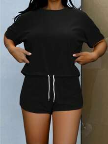 conjunto dos piezas short  Liso    Casual    Cordón  Ninguno  Nudo - Negro - Ver 2