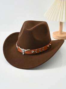 1pc Unisex Retro Western Cowboy Hat With Horn Pattern, Suitable For Casual Wear, Western Cowboy Party - Brown Leather Rivet Bull Head Hat - View 14