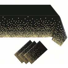 2 Packs/8 Pack, 1 Pc/4 Pcs Disposable Plastic Tablecloths And 1 Pc/4 Pcs Satin Table Runner Set, Black And Gold Dot Tablecloth Gold Satin Table Runner For Wedding Birthday Anniversary Christmas New Year Party Decorations