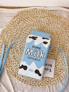 女士时尚牛奶纸盒形字母和奶牛印花斜挎包，配有可拆卸肩带和拉链开合，休闲通勤斜挎包，适合旅行和日常使用，方形 - 藍色 - 查看 5