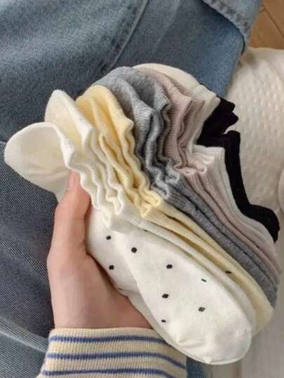 5双女士短袜，条纹中筒袜，适合所有季节，颜色随机