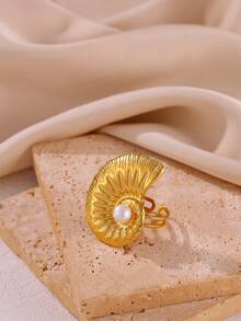 时尚夸张花朵女士戒指，优雅仿珍珠戒指，不锈钢配饰，海螺壳戒指海洋珠宝，复古天然石女士珠宝金色宽口可调节开口戒指派对婚礼旅行厚重珠宝圣诞礼物