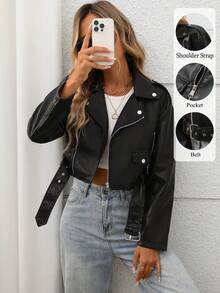 女士仿皮短款夹克，翻领拉链机车飞行员夹克，配腰带 - 黑色 - 查看 2