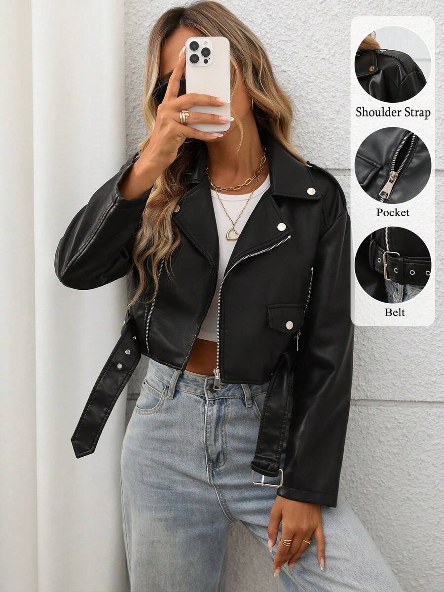 女士仿皮短款夹克，翻领拉链机车飞行员夹克，配腰带