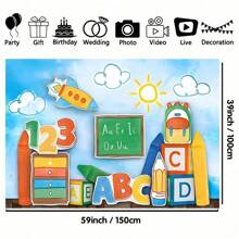 1pc Back-To-School Photography Background Banner, Blue Sky, White Clouds, ABC Letters, Colorful Crayon Design, Suitable For Parties, Classroom Decoration, Party Photography Background, Party Decorations, Universal Theme