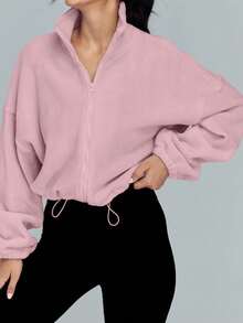 Chaqueta corta con cuello de felpa, cremallera y cordón para mujer, para otoño/invierno - Rosa - Ver 2