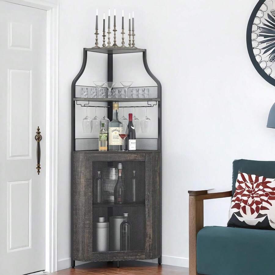 mteryoing Corner Wine Bar Cabinet With Large Storage Space, Detachable Wine Rack, Glass Holder, And Mesh Door - 4-Tier Liquor Cabinet Bar For Dining Room, Living Room, Kitchen