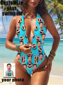 1pc Customized Women's Swimsuit, Face Customized, Women's Zipper Strap Backless Swimsuit, Women's High Waist Sleeveless Swimming Swimsuit, Sexy, Extremely Youthful, Suitable For Pool, Beach, Holiday, Girls Swimwear. - Blue - View 2