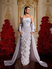 A Light Gray 3D Petal Beaded Embroidery Satin Strapless Long Cape Mermaid Luxury Evening Gown Party Spring Wedding - Mauve Purple - View 7