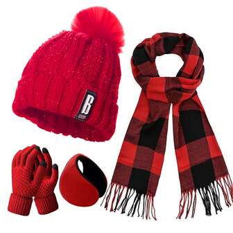 4pcs/Set Winter Warmer Set Knit Warm Touch Screen Long Knitted Plaid Scarf Set Gifts For Men Women