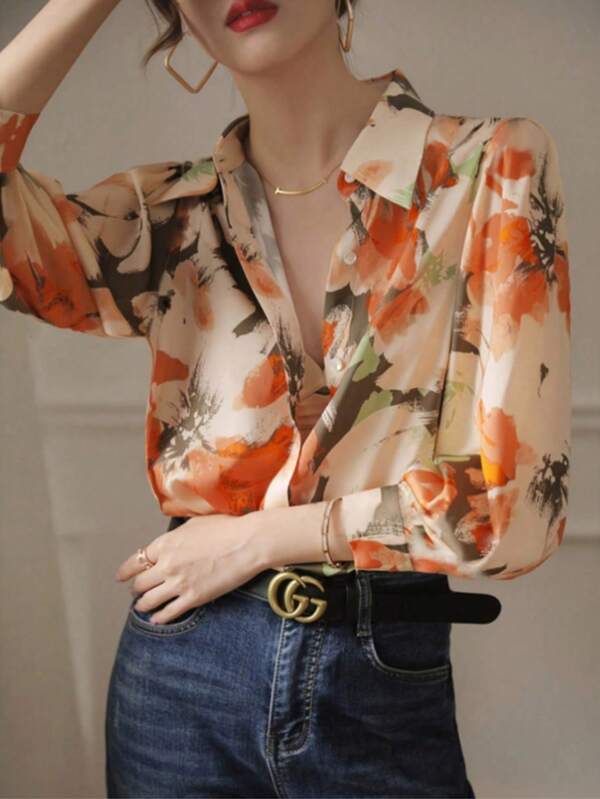 Blouse ample à manches longues avec imprimé floral en soie, détail de bouton et nœud devant, pour un port quotidien