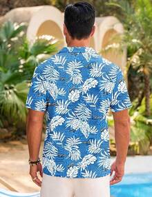 Men's Hawaiian Shirt Cool Summer Hawaii Tshirts Beach Tropic Print V Neck Button Up Tops Floral Short Sleeve Topshalloween - 藍色 - 查看 5