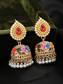 1 对优雅水滴吊坠耳环，宝莱坞风格彩色水钻搭配人造珍珠流苏首饰，巴基斯坦流行耳环，适合女性婚礼、节日派对佩戴 - 水滴 - 查看 8