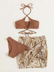 El bikini de 3 piezas con estampado de mármol para mujer es moderno, sexy y elegante. Es una prenda imprescindible para las vacaciones en la playa y la piscina. Tiene un estilo elegante y una calidad excelente. - Marrón - Ver 2