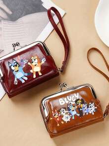 Bluey Bluey Portable Lanyard Faux Leather Multifunctional Short Wallet Cute Bluey Retro Color Print Purse Three Colors Available With Zipper For Valentine's Day Card Holder