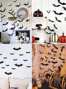 120pcs/72pcs Halloween Wall Bats Decor, Black Fake Plastic Bat Stickers, Suitable For DIY Halloween Room Decoration, 4 Different Sizes Waterproof 3D Realistic Bats, Applicable For Home Window Halloween Party Decoration