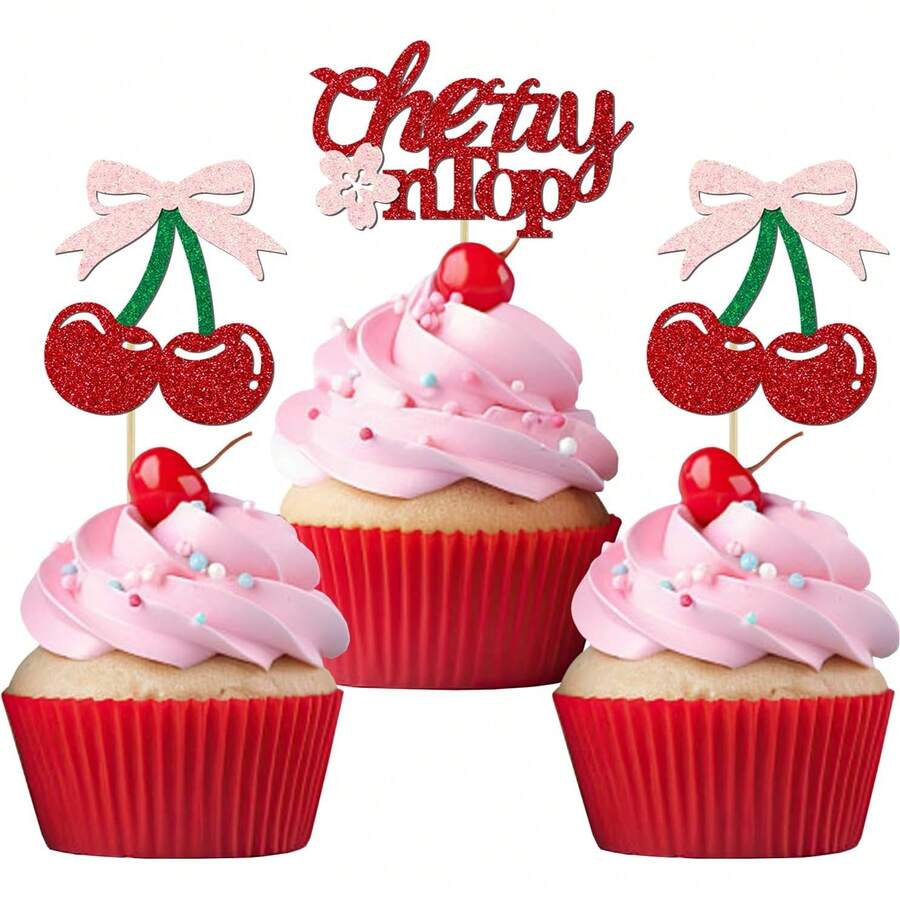 12 piezas "Ella es la guinda del pastel" Decoraciones para cupcakes, Pinchos de pastel dulce de cereza brillante, Adecuado para decoraciones de baby shower y despedida de soltera con tema de frutas - Multicolor - Ver 1