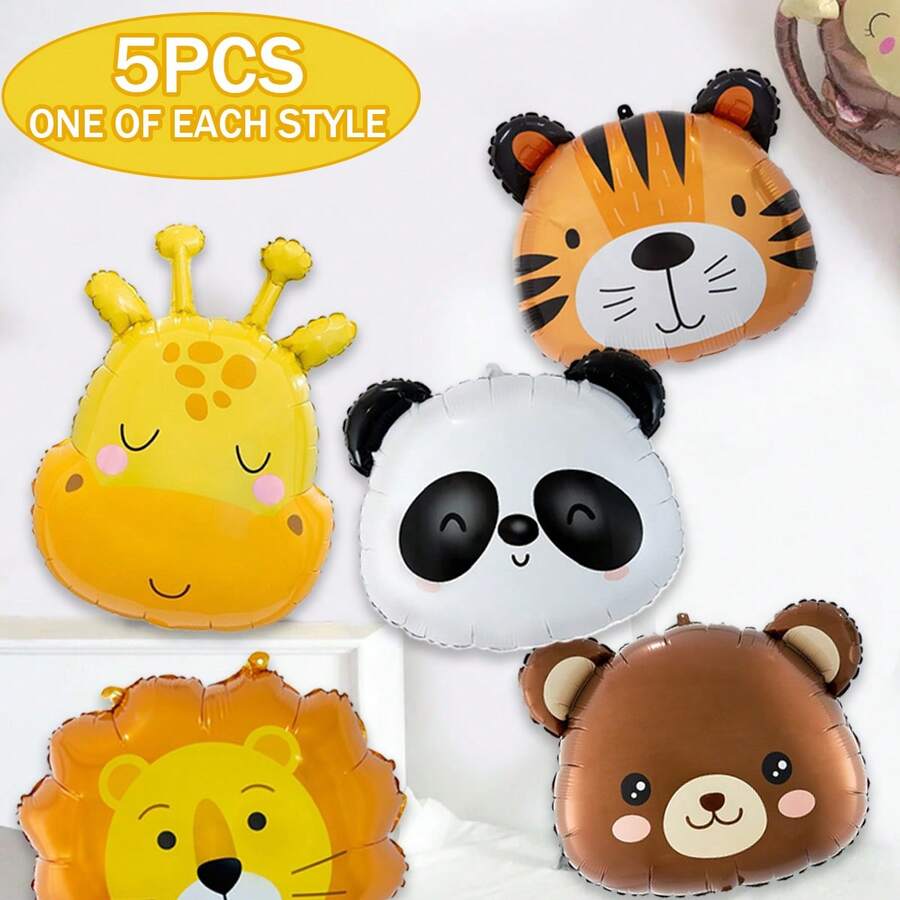 5PCS Cute Animal Head Balloons, Bear Panda Giraffe Tiger Lion Balloons For Birthday Party Decoration And Theme Party, Balloon Garland Decoration, Background Wall Decoration, Creative Gifts - Multicolor - View 1
