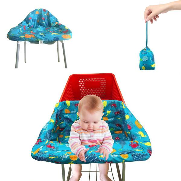 Baby Shopping Cart Cover & High Chair Cover – Machine Washable, Grocery Cart Cover With Portable Cloth Bag Included, Underwater World Blue Design