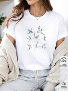 1 Stück Damen T-Shirt - Schwalben Vogel Muster, naturinspiriert, perfekt für Frühling und Sommer, am besten, heiß, perfektes Geschenkidee für sie - Weiss - Übersicht 1