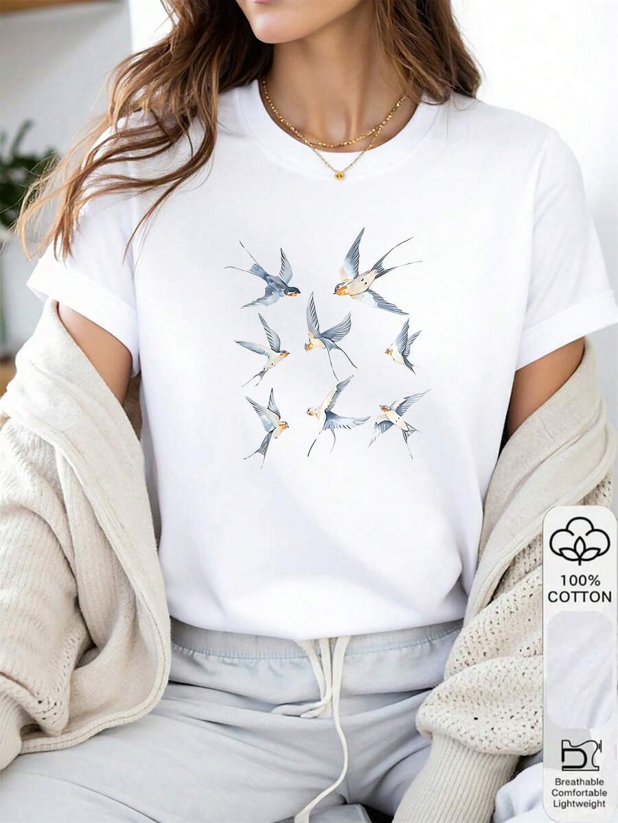 1 Stück Damen T-Shirt - Schwalben Vogel Muster, naturinspiriert, perfekt für Frühling und Sommer, am besten, heiß, perfektes Geschenkidee für sie - Weiss - Übersicht 1