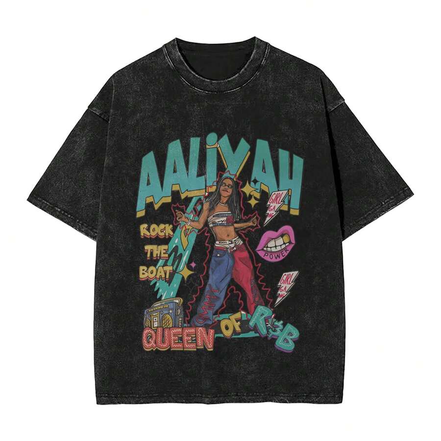 AaliyahS Washed Men's Women Clothing T Shirt Conton Graphic Print Tee Streetwear Oversize Loose Casual Portrait Vintage Nostalgic 1 - 黑色 - 查看 1
