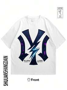 Men's casual T-shirt, one piece, 3 colors, 100% cotton, soft and comfortable, for leisure and sports, can be paired with men's shorts, men's T-shirt, men's shirt, summer T-shirt, men's hoodie. Abstract design in Blue and Purple with Lightning. - Blanco - Ver 1