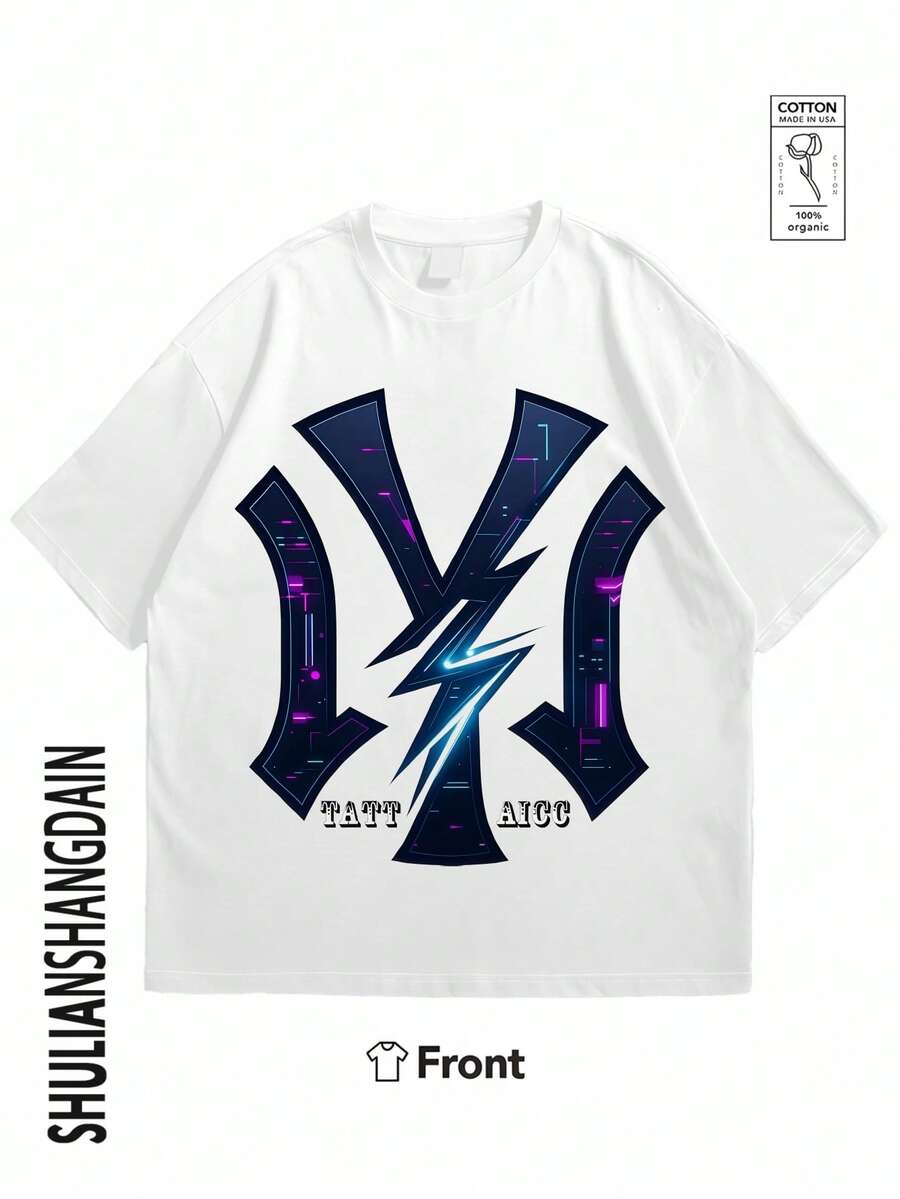 Men's casual T-shirt, one piece, 3 colors, 100% cotton, soft and comfortable, for leisure and sports, can be paired with men's shorts, men's T-shirt, men's shirt, summer T-shirt, men's hoodie. Abstract design in Blue and Purple with Lightning. - Blanco - Ver 1