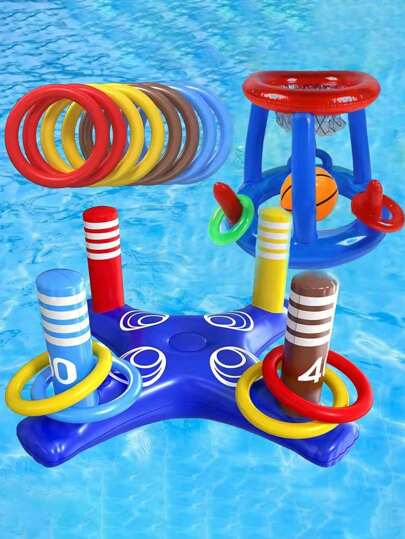 Juego de lanzamiento de anillos inflables con bomba - Juguetes de piscina de PVC coloridos para fiestas de verano, juegos al aire libre divertidos y acuáticos, incluyendo anillos rojos, amarillos, azules y verdes, Set de juegos de agua Juego en la piscina animado + Anillos duraderos en PVC, juguetes de la playa inflable